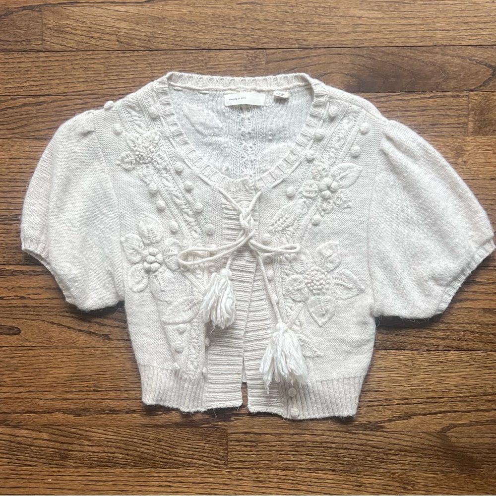 Sleeping On Snow Anthropologie brand cream cropped short puffy sleeve cardigan